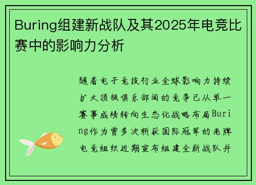 Buring组建新战队及其2025年电竞比赛中的影响力分析