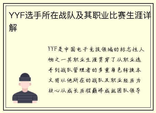YYF选手所在战队及其职业比赛生涯详解